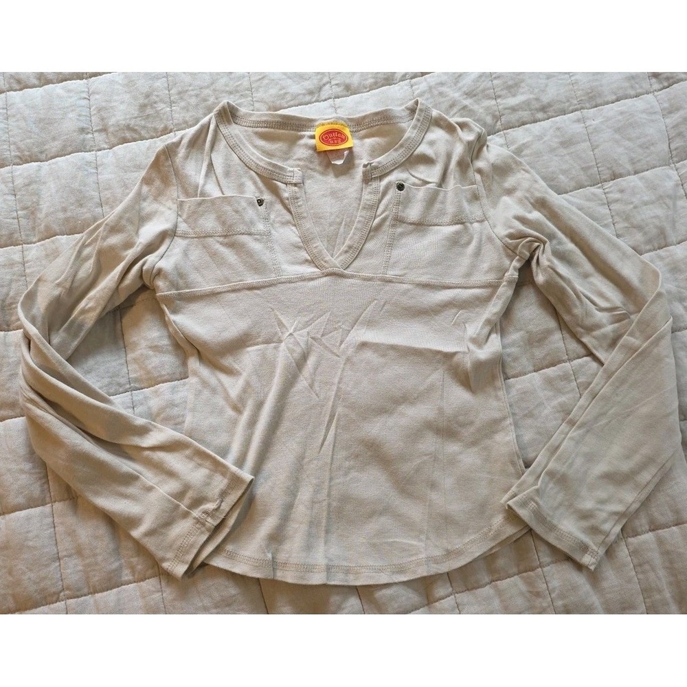 Y2K Outlaw USA Henley Long Sleeve Women L Tan Metallic Grunge Emo‎